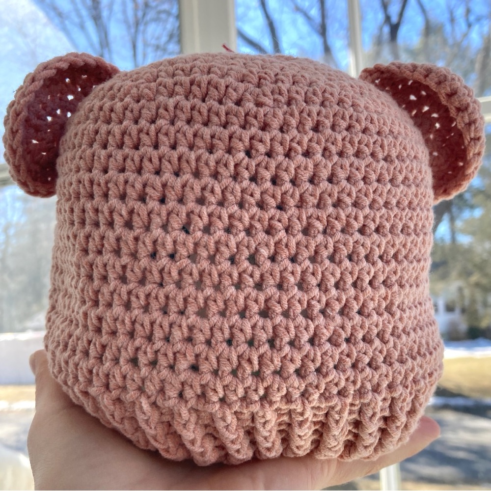 Crocheted bear hat toddler size cotton acrylic blend handmade color coral